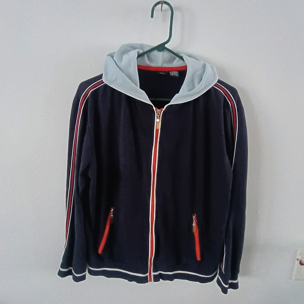 Erika Sport Zip Hoodie Jacket Womens Large Navy Red Stripe Athletic Casual